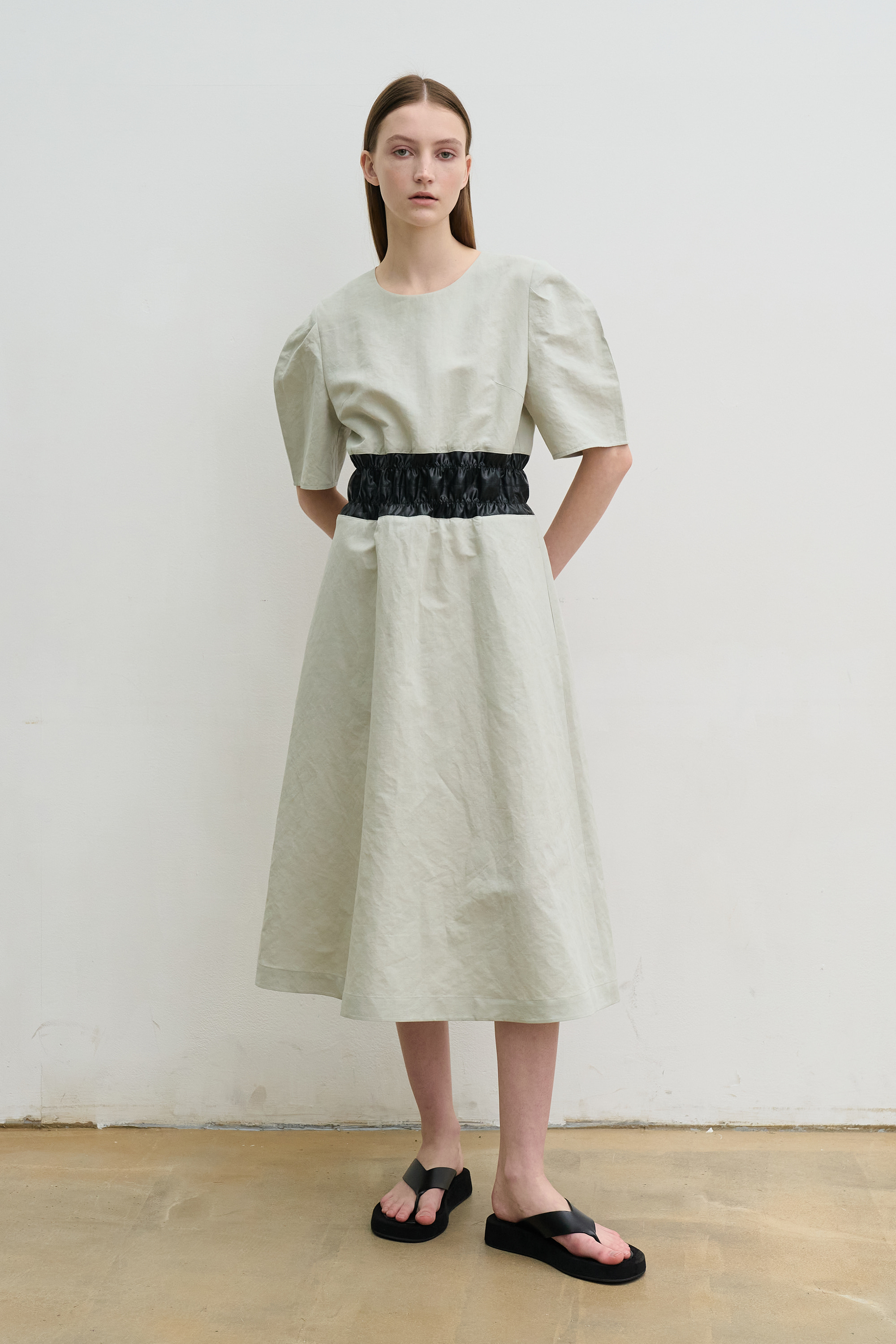 Linen-blend shirred waist dress