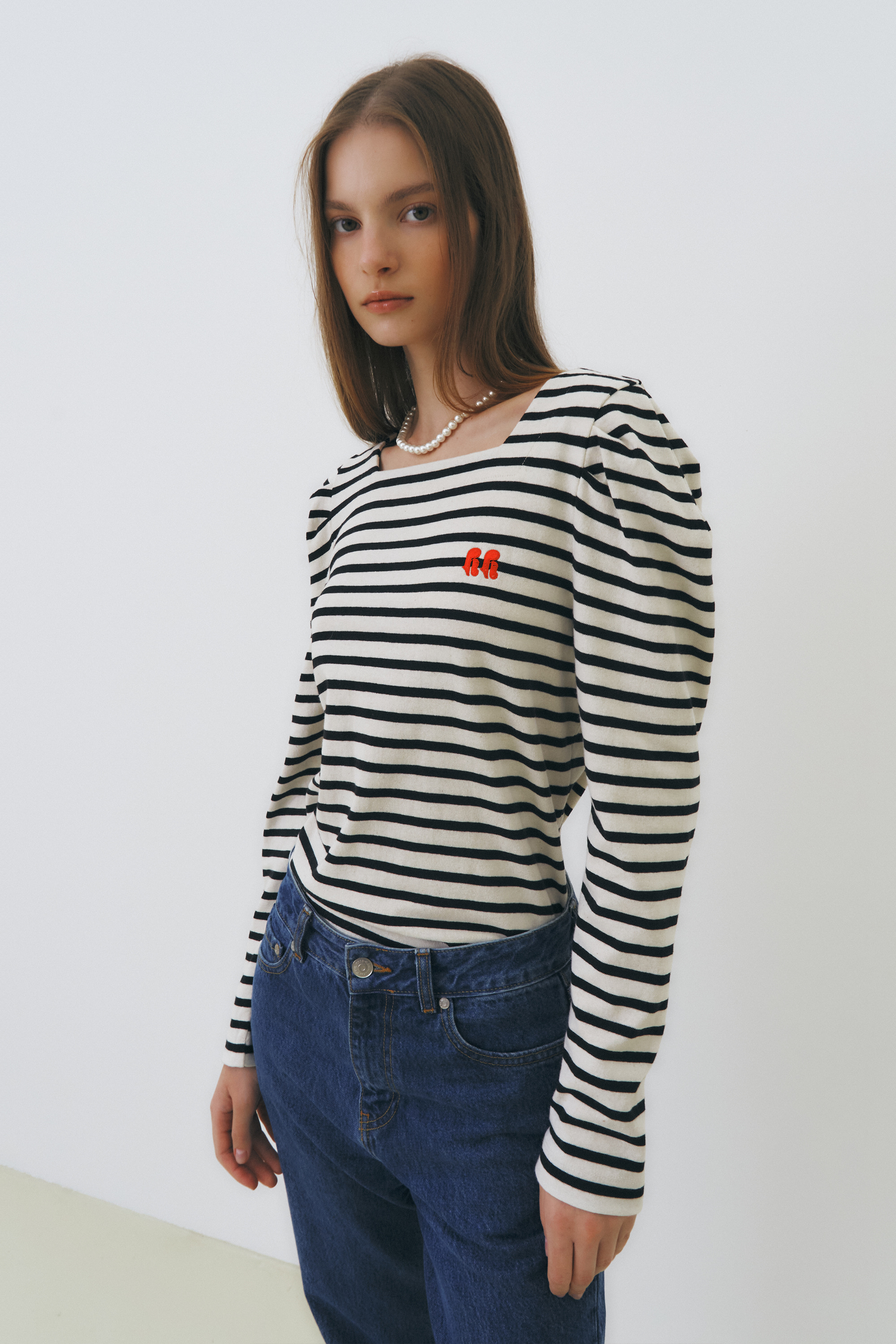 Square-neck volume sleeve t-shirts (stripe)
