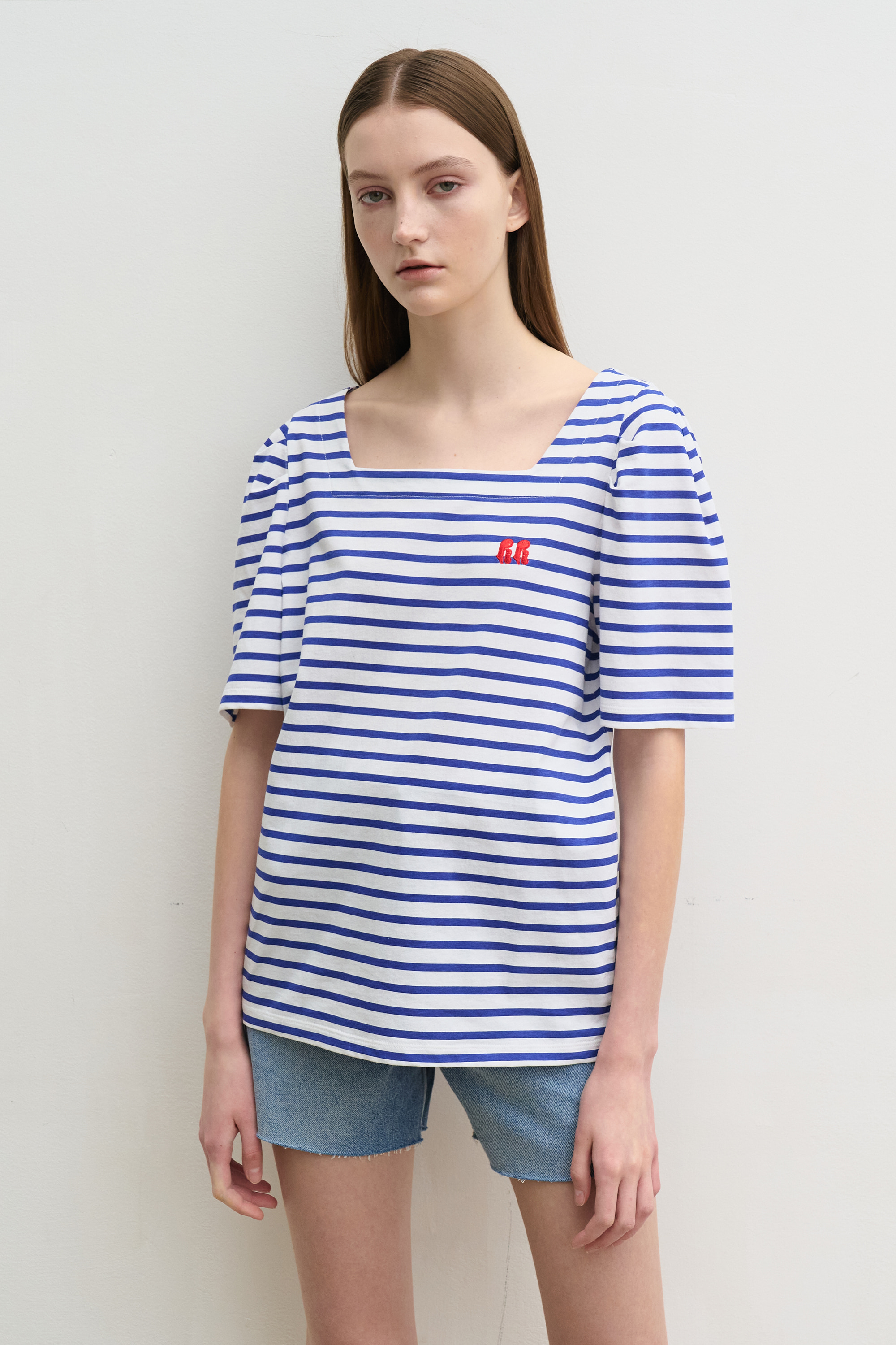 [4차리오더:8/6 예약배송]Stripe square-neck t-shirts (blue)