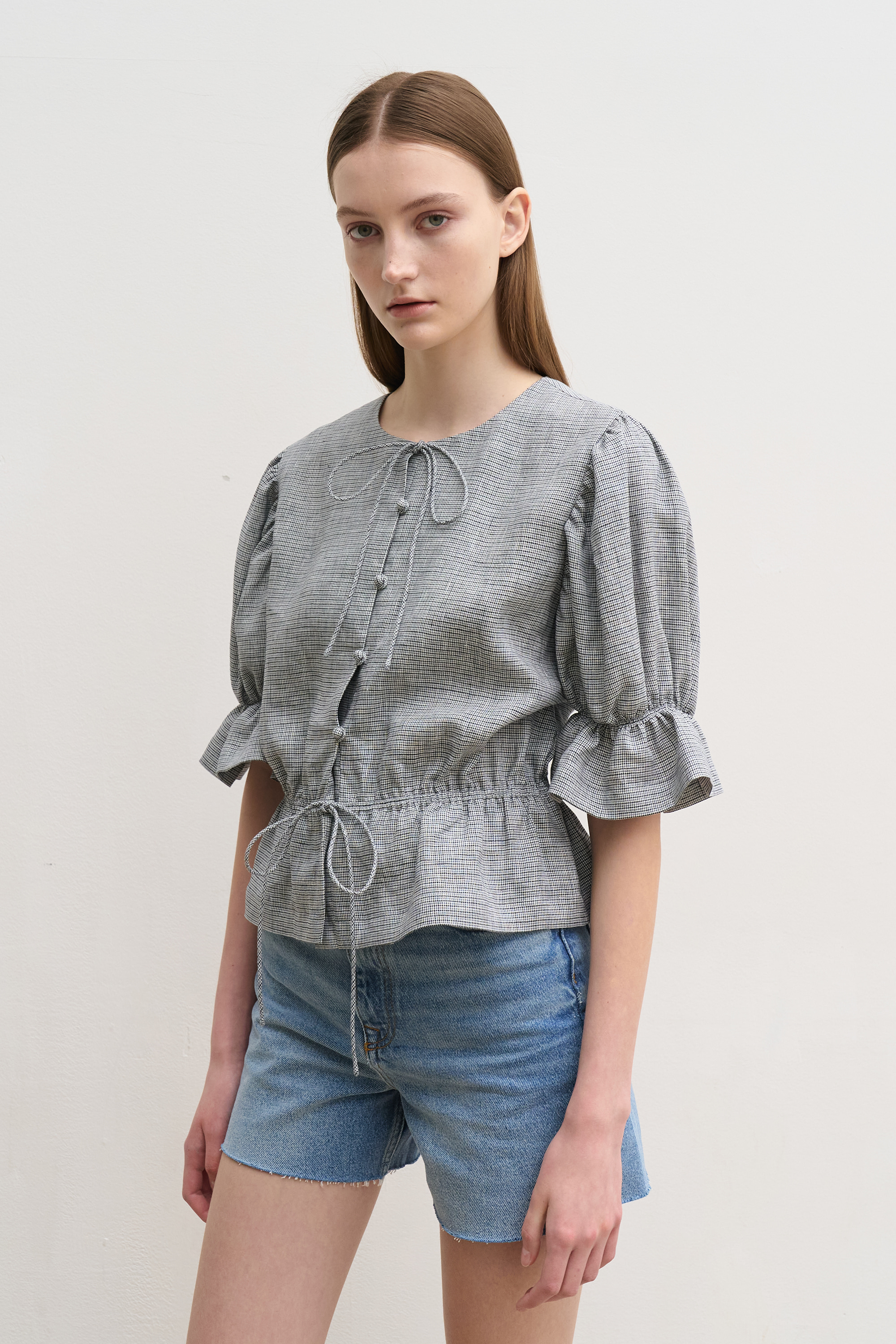 Linen shirred waist blouse (check)